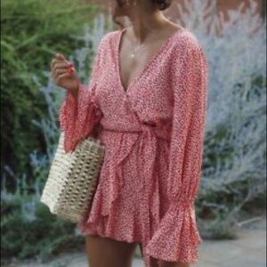 H&M red floral long sleeve romper